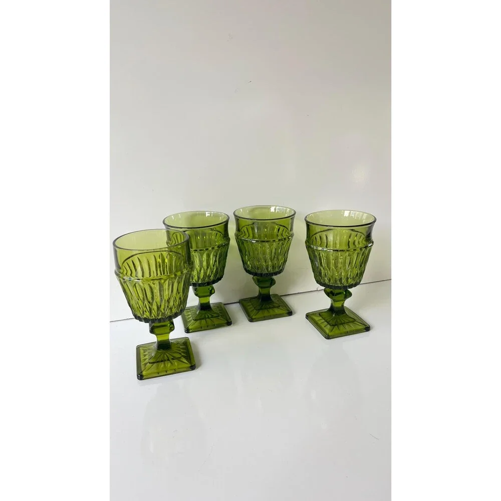 Set Of 4 Vintage Green Glass Goblets With Textured Design & Square Base